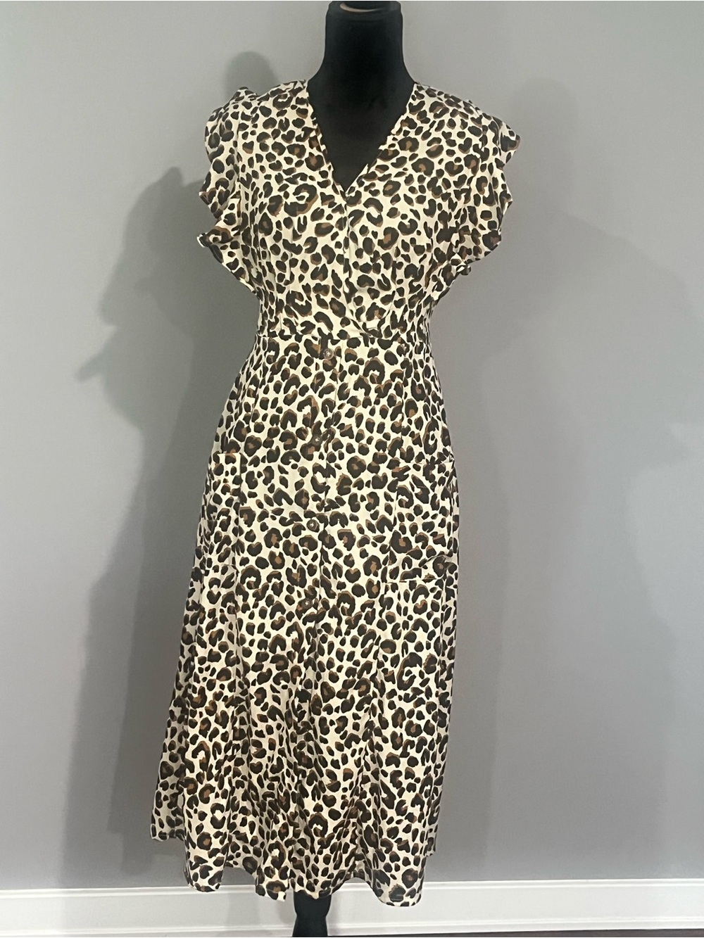 Leopard Print V-Neck Midi Dress in Brown